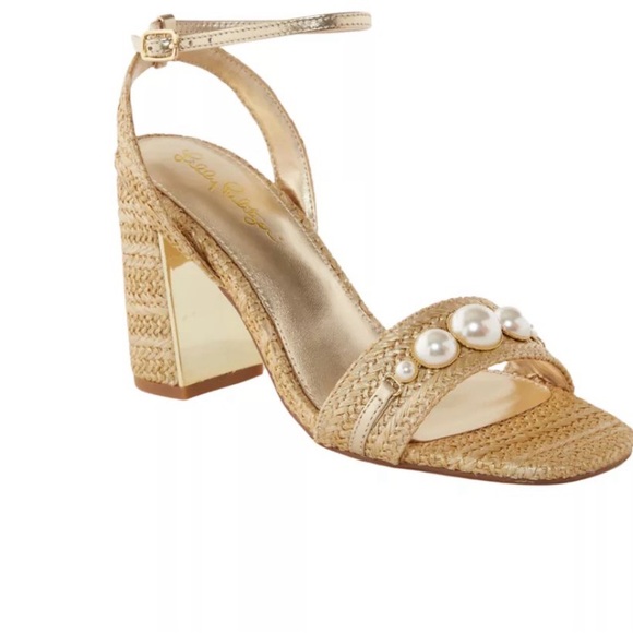 Lilly Pulitzer May Heeled Sandal Raffia Pearl Block Heel Gold Size 6.5 - Picture 2 of 16